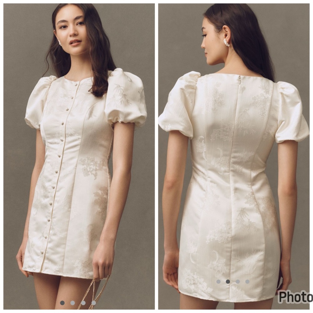 Anthropologie Hutch Puff Sleeve Crew Neck Jacquard Button Front Mini Dress XS